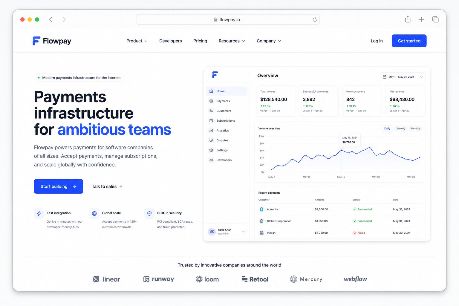 Payments infrastructure site example — hero with live payments dashboard
