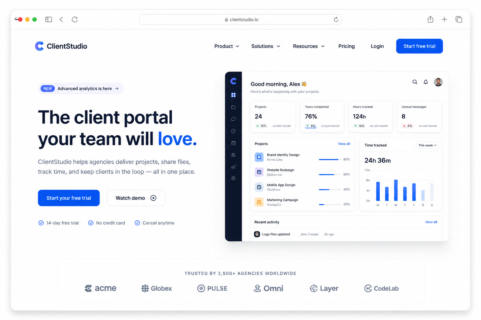 Landing page example — client portal hero with dashboard preview and logo strip